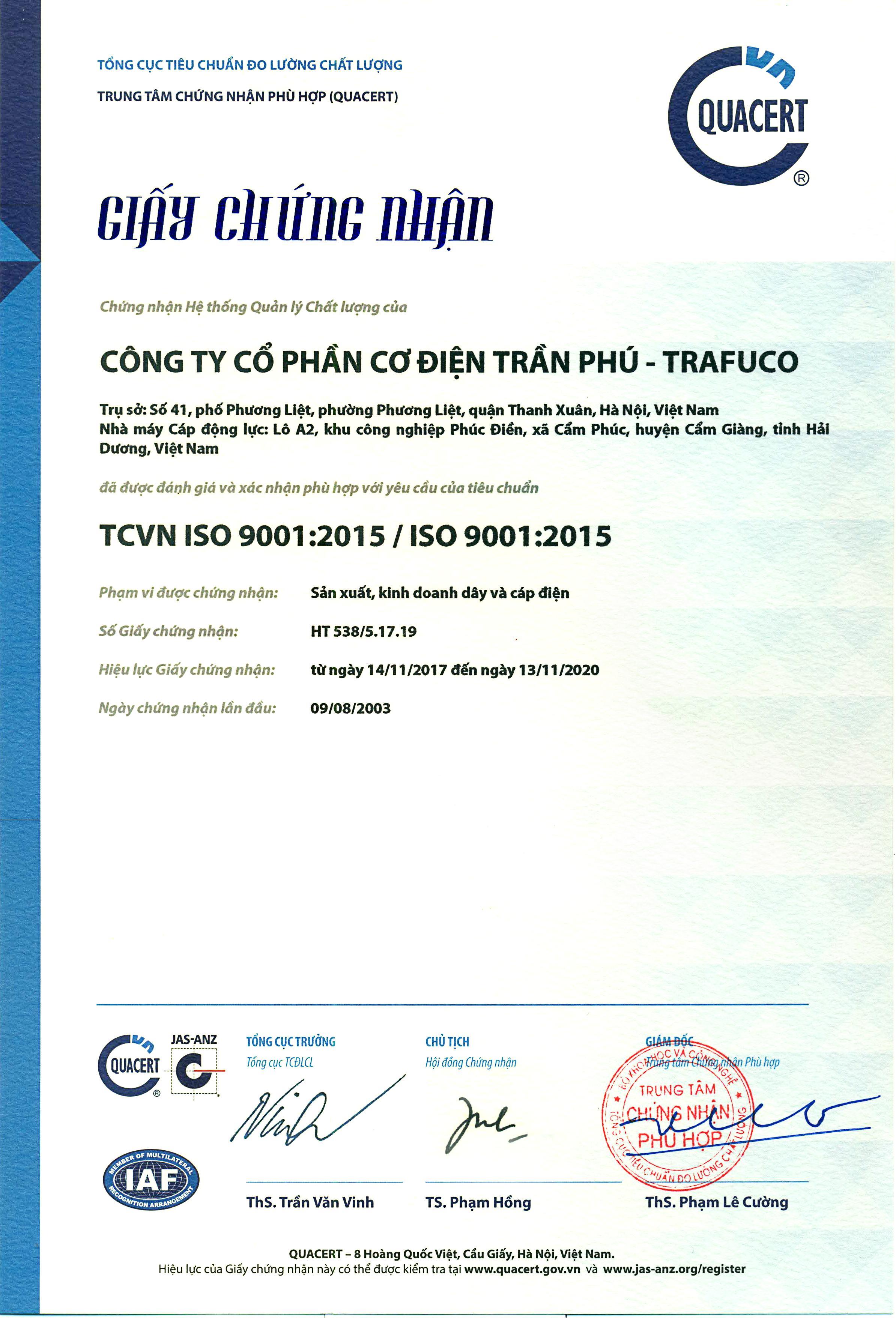 Dây & cáp điện Trần Phú: Khẳng định mình với chất lượng ISO 9001:2015